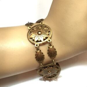 Vintage Art Nouveau Bracelet Stamped Brass Flowers Shell Links Floral Design